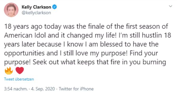 Kelly Clarkson schreibt über ihre bisherige Karriere auf Twitter. kelly clarskon