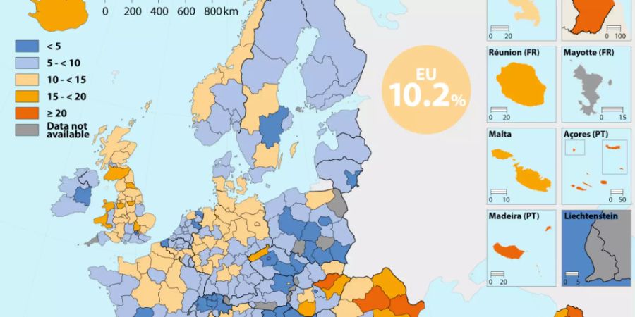Eurostat-Statistik der Schul- und Lehrabbrecher. Dunkelblau sind die Gegenden mit weniger als 5 Prozent Schülern und Lehrlingen, die vorzeitig die Fliege machen. Die Schweiz ist auch so ein Musterschüler (Eurostat).