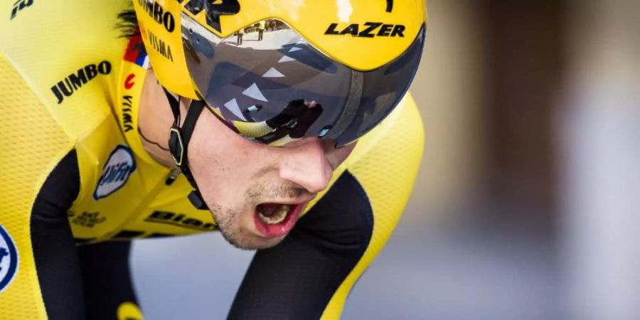 Der Slowene Primoz Roglic hat sich den Sieg bei der zweiten Etappe des Tour de l'Ain geholt. Foto: Jean-Christophe Bott/KEYSTONE/dpa/Archivbild