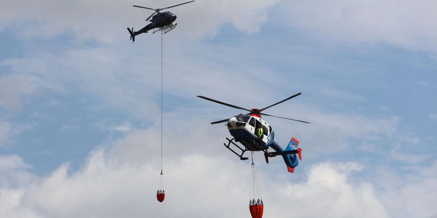 Der Polizeihubschrauber Phönix (r) nimmt an einer Waldbrandübung teil:  Um in Gefahrenlagen wie den Waldbränden der vergangenen Tagen in vielen Teilen Deutschlands besser gerüstet zu sein, müssen einem Experten zufolge mehr Löschhubschrauber schneller verfügbar sein.