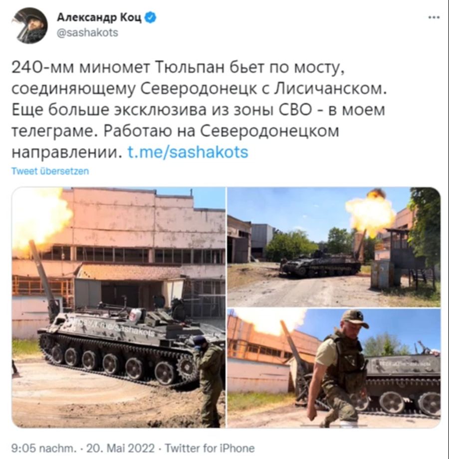 Sascha Kots veröffentlichte Bilder von einer Artillerieeinheit in Sjewerjodonezk. Kurz danach gab es einen ukrainischen Angriff auf die Truppe.