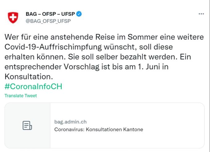 Die Kosten für einen Sommerferien-Booster müssen individuell getragen werden. Impfung Coronavirus BAG