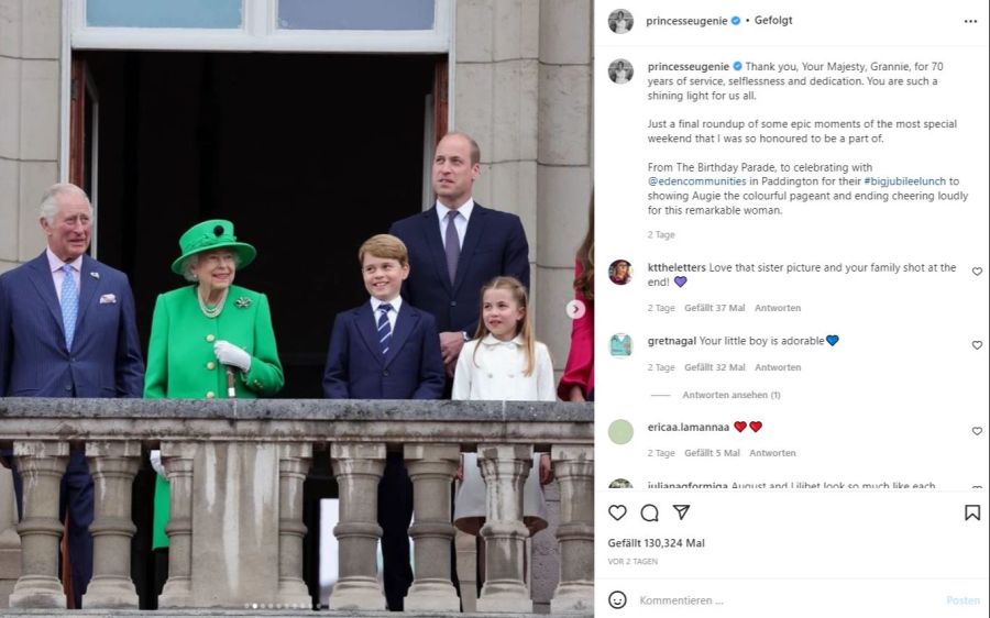 Hoppla! Prinzessin Eugenie hat Kate (rotes Kleid) aus dem Bild geschnitten.