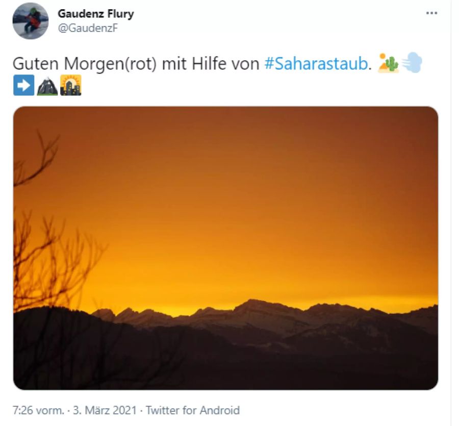 Auch SRF-Meteorologe Gaudenz Flury postete heute Morgen ein Bild mit Saharastaub-Effekt.