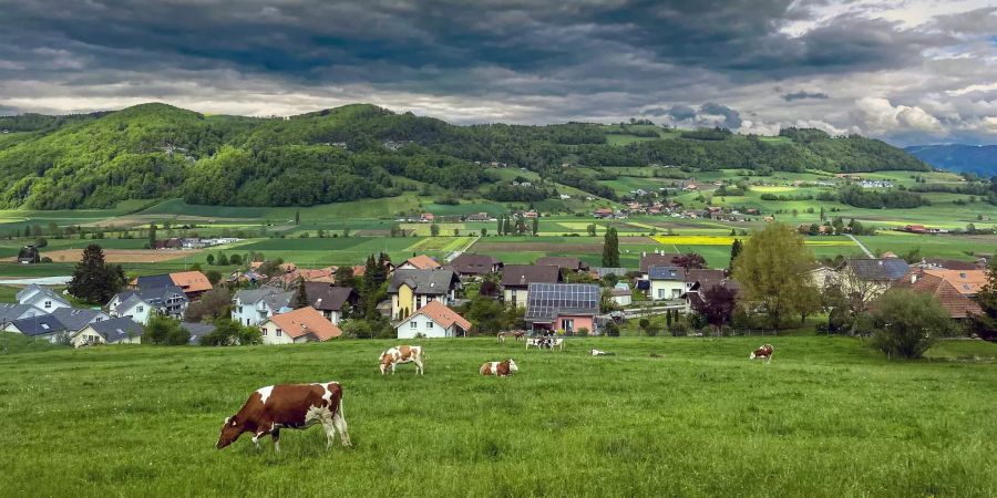 Landschaft im Gürbetal zwischen Belp und Thurnen. Hinten der Belpberg und vorne das Dorf Kaufdorf.