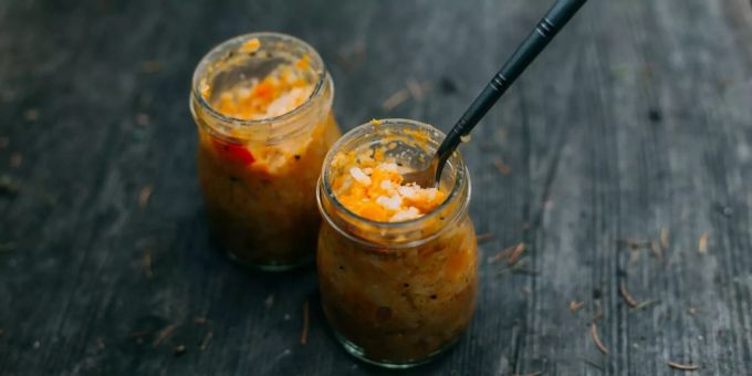 Süsskartoffeln bringen Farbe in ein Gericht. Risotto im Glas