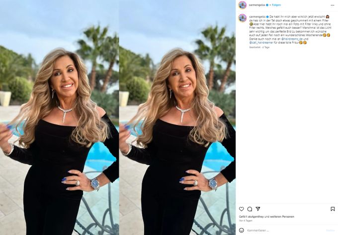 Carmen Geiss offenbart ihre Foto-Schummelei mit einem Vorher-Nachher-Vergleich. Carmen Geiss