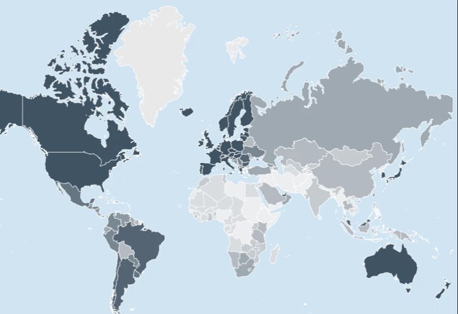 Das ist die diesjährige Weltkarte des «Henley Passport Index». Je dunkler ein Land eingefärbt ist, desto mehr Destinationen können ohne zusätzliches Visum, nur mit dem jeweiligen Pass, besucht werden.