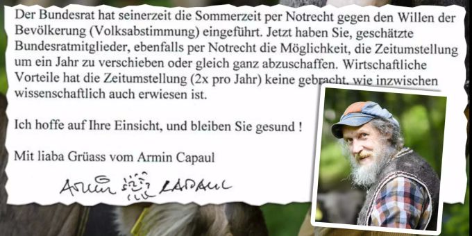 Ausriss aus dem offenen Brief von Armin Capaul an die Bundespräsidentin Simonetta Sommaruga. Armin Capaul Sommerzeit Coronavirus