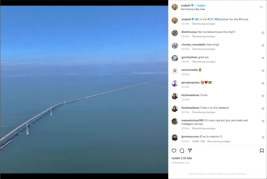 Auch ein Helikopterflug über die San Francisco Bay teilt sie auf Instagram.