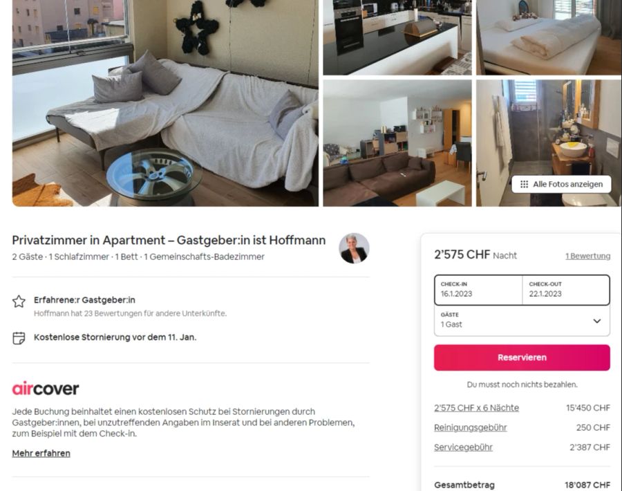 Dieses Privatzimmer in einem Apartment würde für maximal zwei Personen 18'087 Franken während der WEF-Woche kosten.