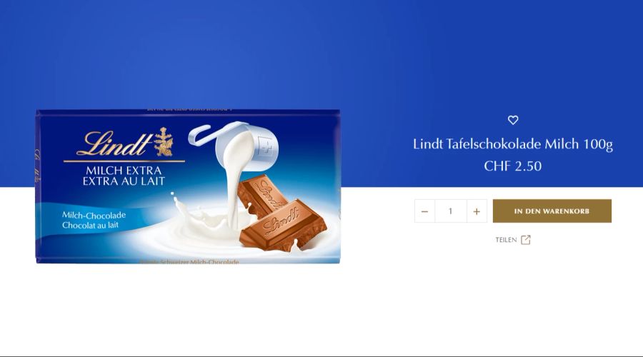 Eine Tafel Lindt-Schokolade kostet auf der offiziellen Webseite 2,50 Franken für 100 Gramm.