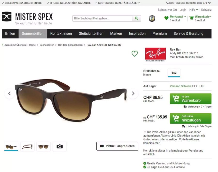 Wer auf das Google-Inserat klickt, landet auf der Mister-Spex-Homepage. Die Brille kostet dann 87 Franken.