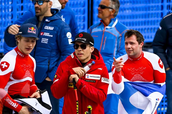 Marco Odermatt, Gino Caviezel und Beat Feuz beim Super-G in Courchevel. Super-G Caviezel Odermatt Feuz