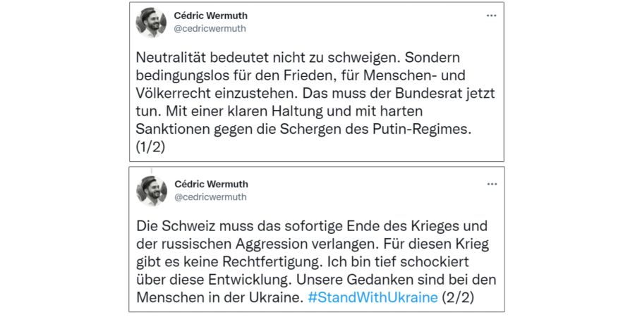 SP-Co-Präsident Cédric Wermuth spricht beim Ukraine Konflikt explizit von «Krieg» und fordert Sanktionen der Schweiz gegenüber Russland.