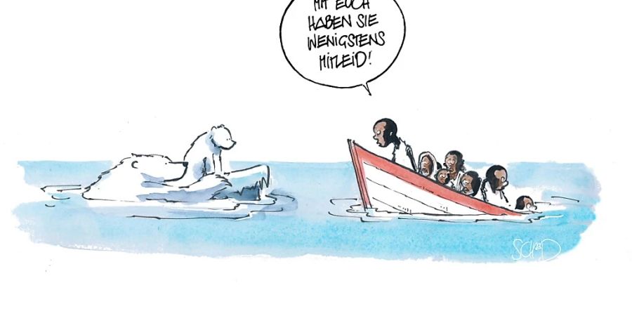 Witzig, wenn es nicht so tragisch wäre: Lösungen finden wir weder für die Flüchtlings- noch für die Klimakrise. Der Karikaturist Felix Schaad bringt dieses Dilemma auf den Punkt.