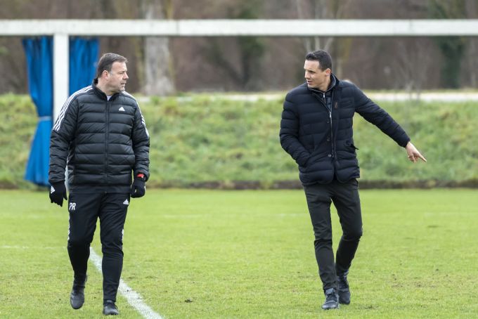 Patrick Rahmen und David Degen beim Training des FC Basel. FC Basel Rahmen Degen