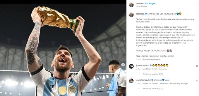 Lionel Messis Post nach dem Gewinn der WM 2022 ist der meist-gelikte Beitrag auf Instagram. wm 2022 lionel messi