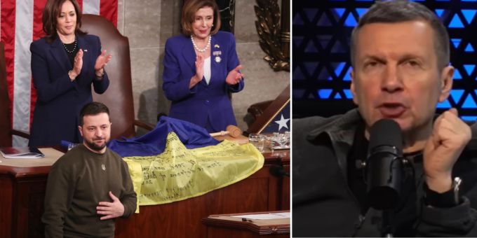 Wolodymyr Selenskyj wird in Washington beklatscht. Diese Bilder sieht Propagandist Solowjow in seiner Sendung überhaupt nicht gerne. Ukraine krieg