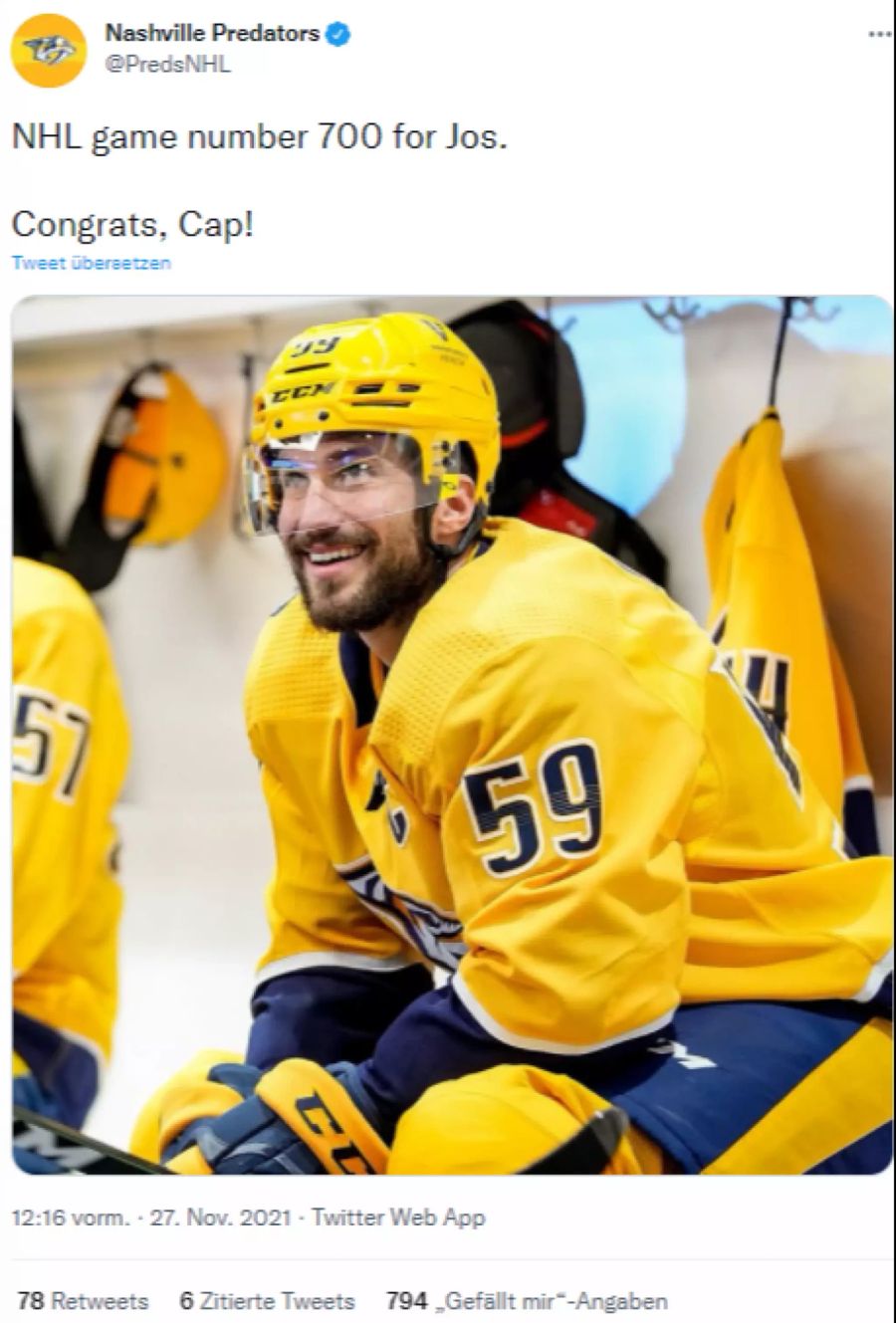 Roman Josi lief zum 700. Mal in der NHL auf.