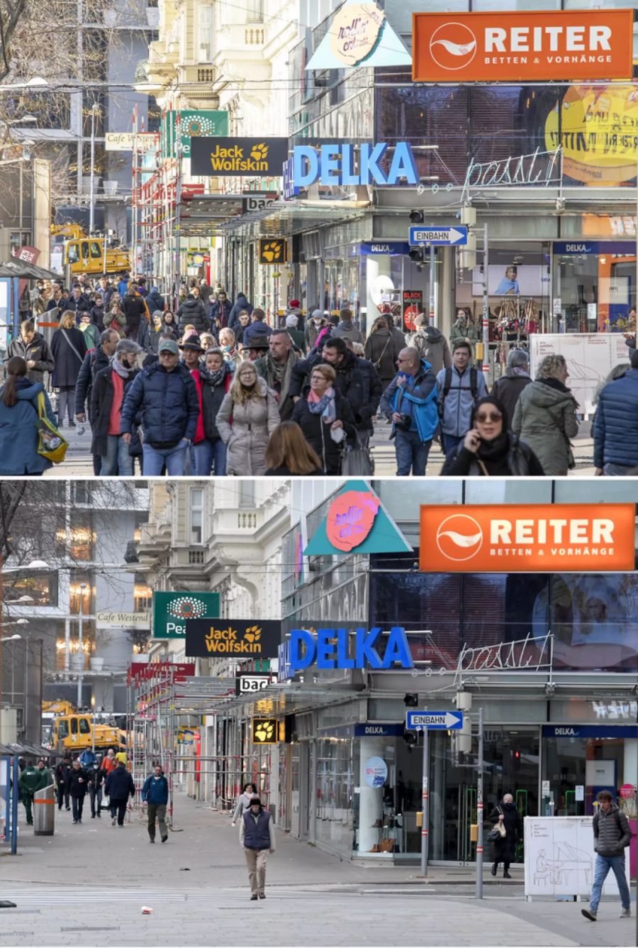 Blick auf die Mariahilfer Strasse in Wien – vor und nach dem Lockdown.