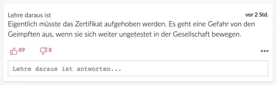 Diese Leser sieht eine Gefahr, die von den Geimpften ausgehe, wenn sie sich weiterhin ungetestet in der Gesellschaft bewegen.