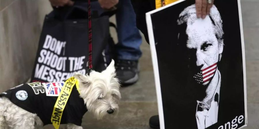 Eine Protestteilnehmerin hält während der Demonstration vor dem Gericht in London ein Plakat, auf dem Julian Assange abgebildet ist. Foto: Kirsty Wigglesworth/AP/dpa