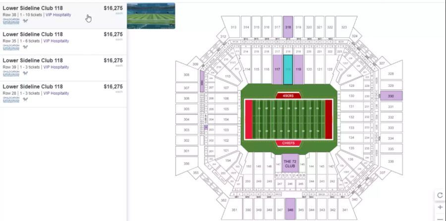 Auf gleicher Plattform kostet ein Ticket in der Nähe des Spielfeldrands unglaubliche 16'275 US-Dollar – immerhin gibt es das Abendessen inklusive.