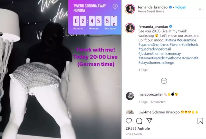Fernanda Brandao ruft zum Twerk Corona Away Monday auf. Fernanda Brandao