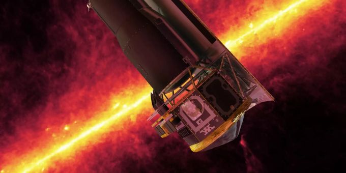 Die undatierte künstlerische Darstellung zeigt das Spitzer-Weltraumteleskop vor einer Infrarotaufnahme der Milchstrasse die von dem Teleskop gemacht wurde. Spitzer-Weltraumteleskop
