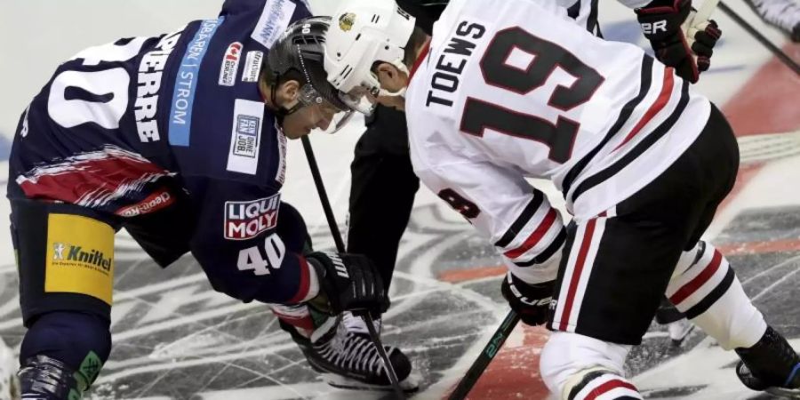 Maxim Lapierre (l) von den Eisbären und Jonathan Toews von den Blackhawks kämpfen um den Puck. Foto: Michael Sohn/AP