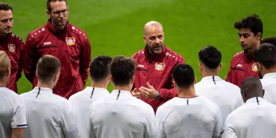 Leverkusens Trainer Peter Bosz (M.) bereitet seine Mannschaft in Madrid auf das Spiel vor. Foto: Marius Becker/dpa