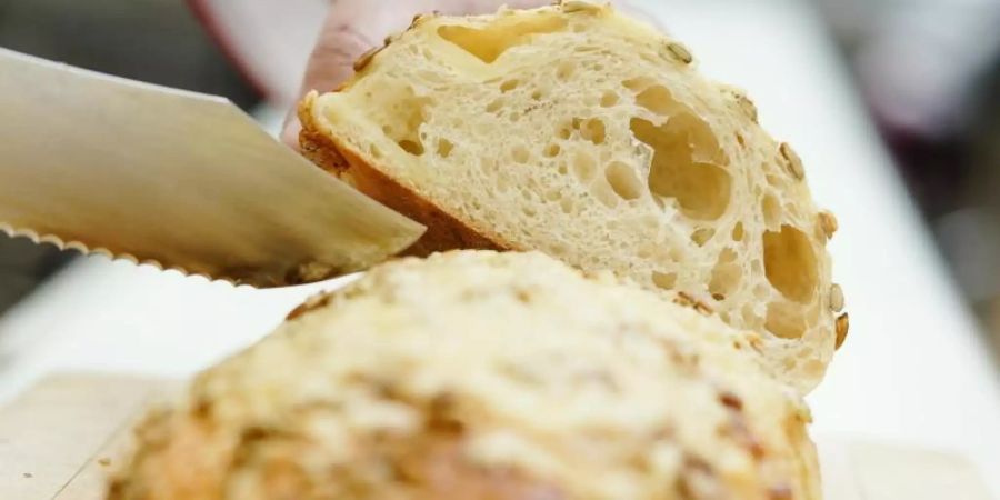 «Fancy-Brot»: Ein Brot mit Kürbis-Käse-Kruste wird in einer Backstube angeschnitten. Foto: Uwe Anspach/dpa