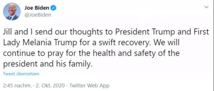 Joe Biden wünschte noch am Freitag seinem Gegner Donald Trump gute Besserung. Coronavirus Donald Trump