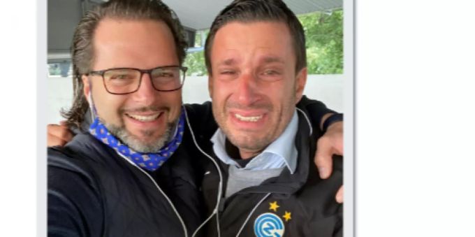 Tränen nach dem Stadionentscheid: GC-Marketingchef Adrian Fetscherin weint vor Glück, Geschäftsführer Jimmy Berisha strahlt. GC Fetscherin