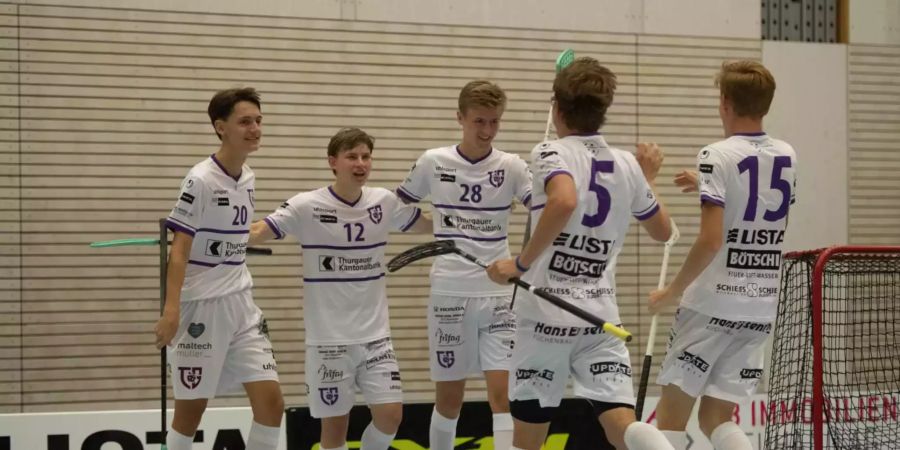 Die erfolgreiche Juniorenlinie im Testspiel gegen WaSa, Foto: Floorball Thurgau, Sandro Schmuki