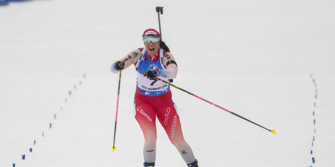 Lena Häcki-Gross hat erneut Grund zum Jubeln (Archivbild). Lena Häcki-Gross Biathlon
