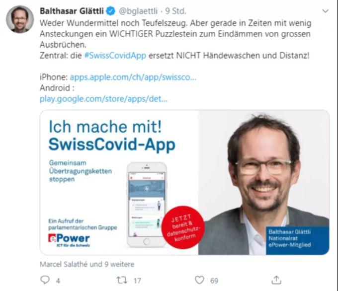 Balthasar Glättli, Präsident der Grünen Schweiz, macht bei der App mit. Balthasar Glättli Coronavirus