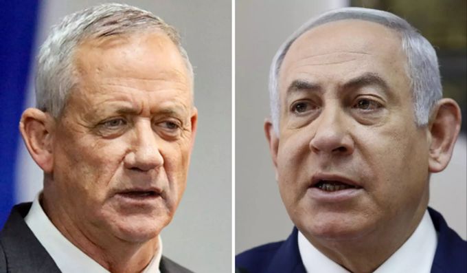 Die Bildkombo zeigt Benny Gantz, Vorsitzender des Bündnisses Blau-Weiss, und Benjamin Netanjahu. Bildung einer Regierung in Israel