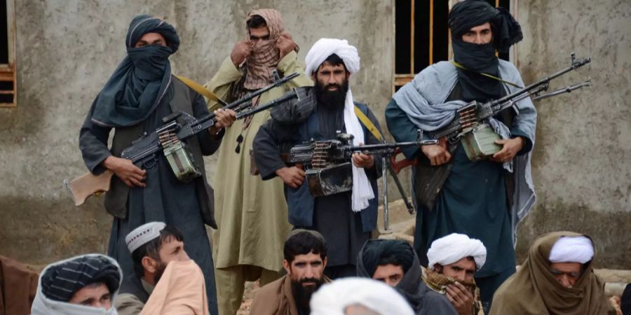 Taliban-Kämpfer folgen in Farah (AFG) einer Ansprache.