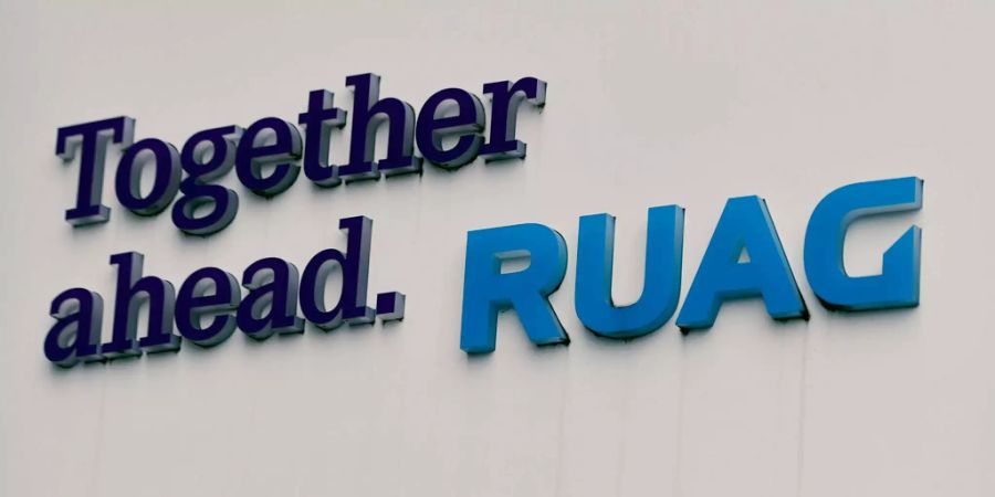 Das Logo der Ruag an der Bilanzmedienkonferenz in Zürich.