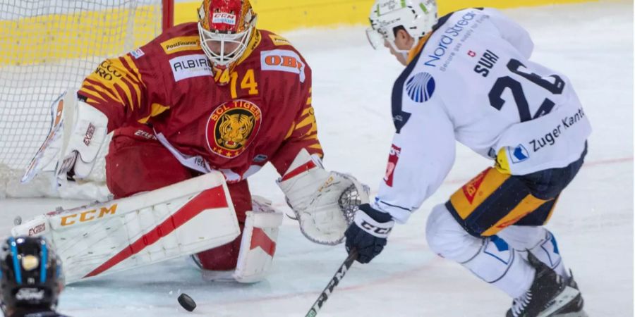 Reto Suri (EV Zug, rechts) versucht den Puck an Ivars Punnenovs (SCL Tigers) vorbeizubringen.