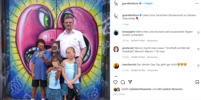 Günther Klum zeigt aktuell alle Kinder von Heidi Klum in Frontalsicht auf Instagram. Aus Schutz der Privatsphäre sind hier alle Kinder von der Redaktion gepixelt worden. günther klum