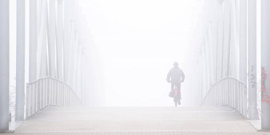 Velofahrer Brücke Nebel