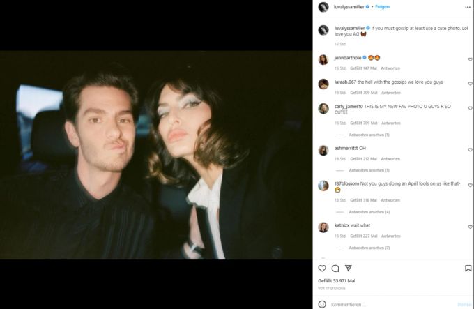Die Freundin von Andrew Garfield witzelt auf Instagram über die brodelnde Gerüchteküche. Alyssa Miller Andrew Garfield
