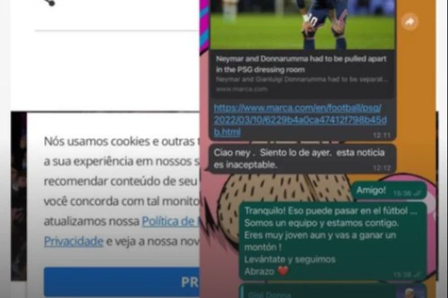 Der Brasilianer zeigt einen Ausschnitt aus dem WhatsApp-Chat mit Teamkollege Donnarumma.