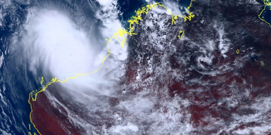 HANDOUT - Dieses vom japanischen Wettersatelliten Himawari-8 aufgenommene und vom Nationalen Institut für Informations- und Kommunikationstechnologie zur Verfügung gestellte Satellitenbild zeigt den Zyklon Ilsa, der sich der australischen Westküste nähert. Foto: Uncredited/Courtesy of National Institute of Information and Communications Technology (NICT)/AP/dpa - ACHTUNG: Nur zur redaktionellen Verwendung und nur mit vollständiger Nennung des vorstehenden Credits