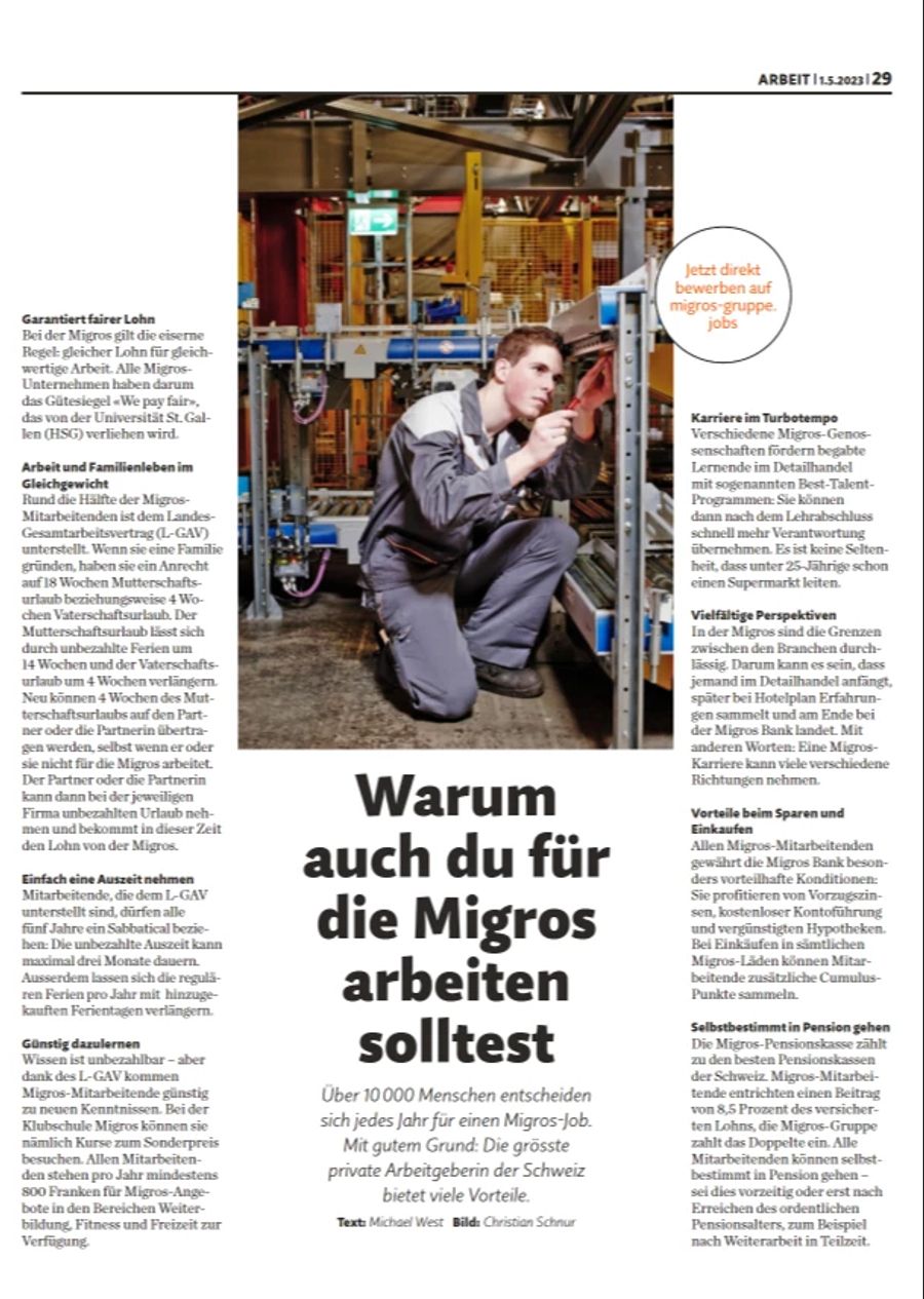 In einem Artikel geht es darum, warum DU bei der Migros arbeiten solltest.