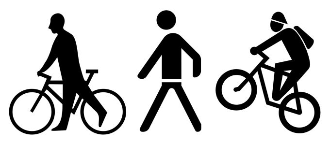 Die Zusatztafeln «Fahrrad schieben», «Fussgänger» und «Mountainbike». Zusatztafeln Fahrrad Fussgänger Mountainbike