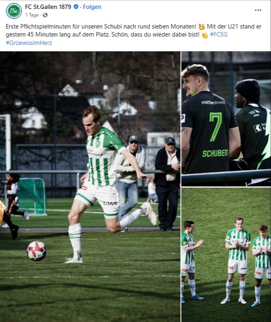 Der FC St. Gallen freut sich, dass Fabian Schubert wieder auf dem Platz steht.